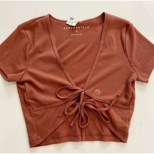 Aeropostale Women's Mid Crop Shirt * Size S Burgundy Brown with Tied Front WTS22